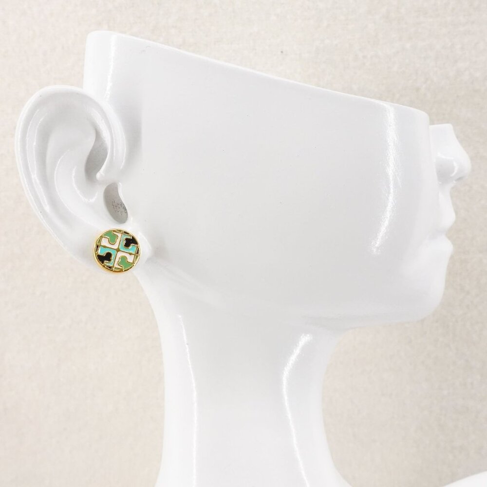 Tory Burch Kira Enamel Circle Stud Earrings Tory Navy/Agave/Multi OS - Picture 3 of 7